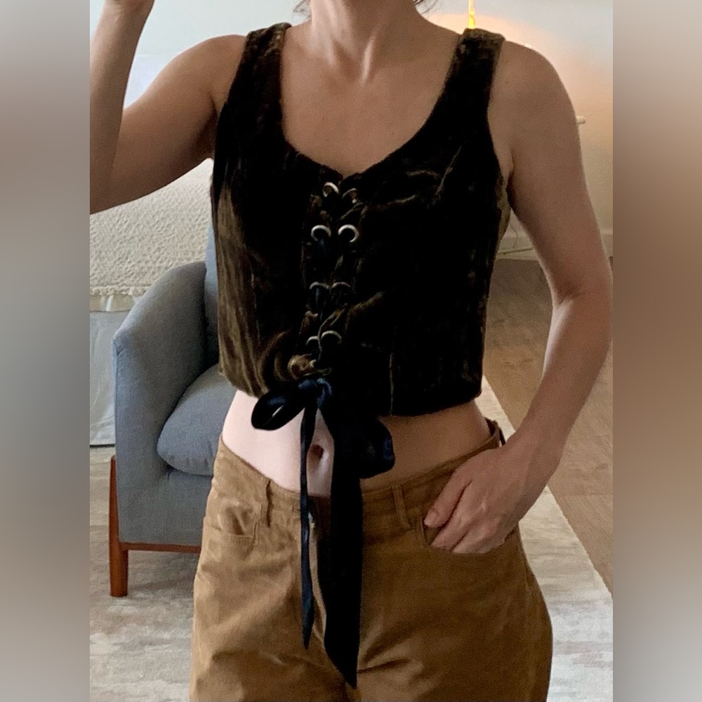 STAUD Olive and Brown Velvet Lace Up Top